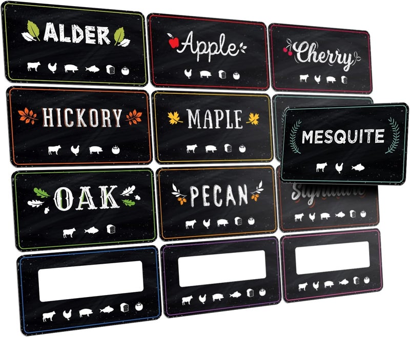 Levain & Co 12 Pack Pellet Bucket Label Stickers for Wood Pellet Storage Bin - Organize Flavors for Outdoor Pellet Grill & Wood Pellet Smoker - All Weather Smoker Pellet Storage Stickers - Image 1